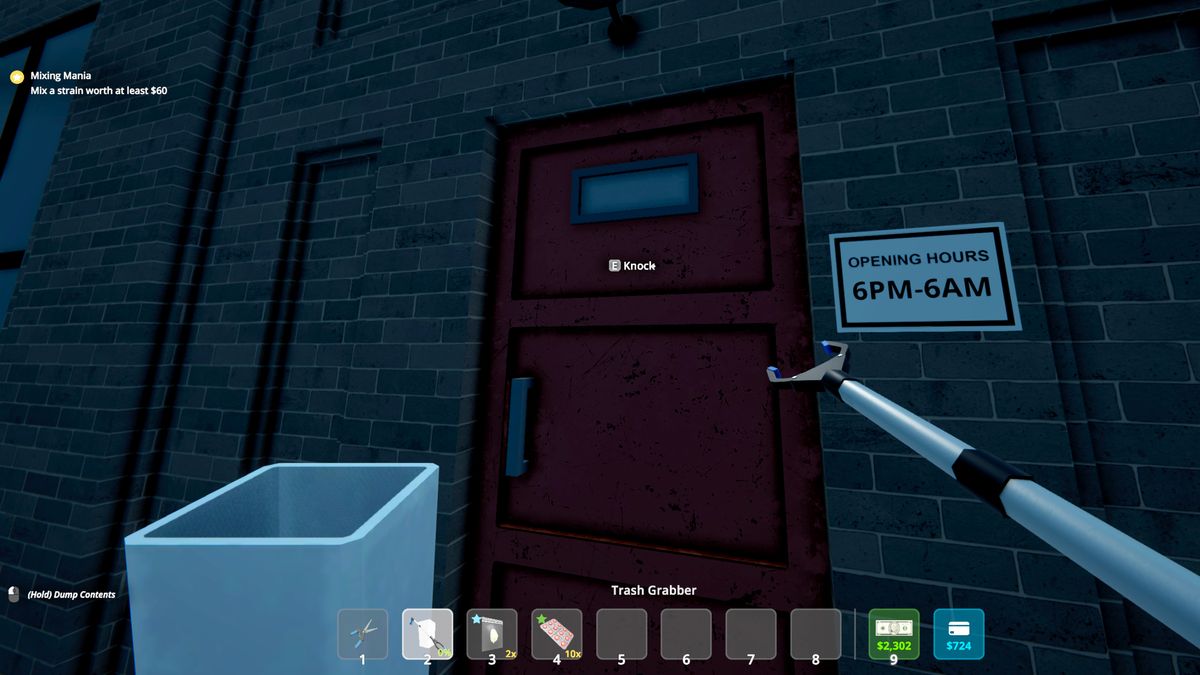 Schedule 1 pseudo - A player looking at the locked red door of the warehouse while holding a litterpicker.
