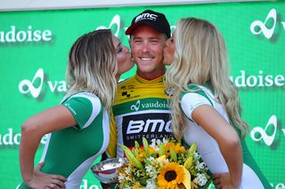Rohan Dennis in yellow on the stage 1 podium at Tour de Suisse