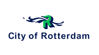 City of Rotterdam logo in blue and green with letter 'R' carried by flowing water