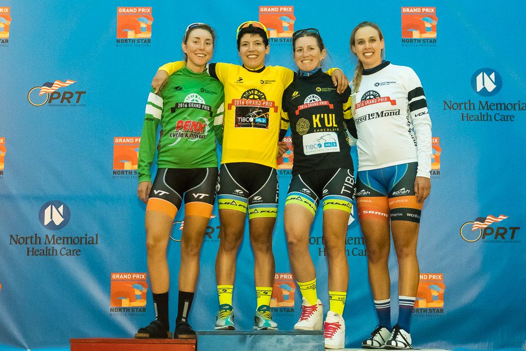 Women's Podium: Best Amateur - Kathryn Buss (Medica Collegiate All Stars), Yellow Leader's Jersey Brianna Walle (Team TIBCO-SCVB), K'ul Chocolate Sprint Leader - Lauren