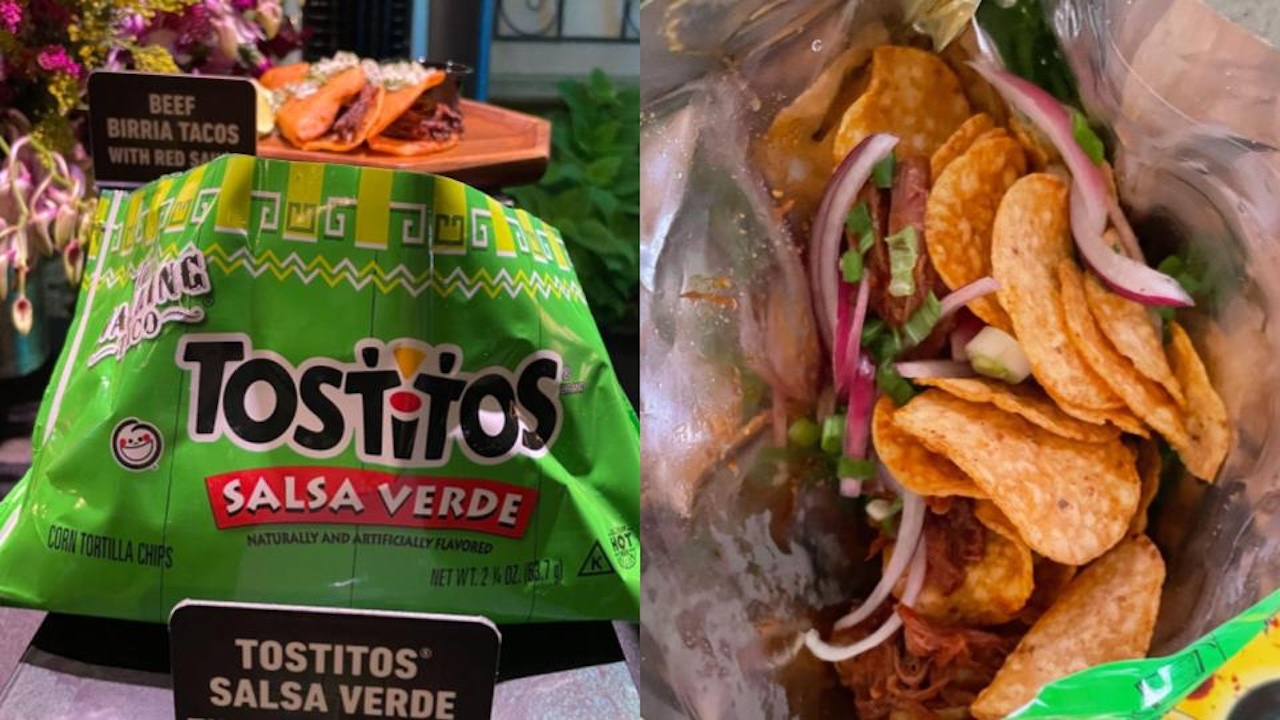 On the left is a cut-up Tostitos Salsa Verde chip bag displayed, and on the right is the inside of the bag with chips, onions, and meat on offer at Universal Studios Halloween Horror Nights