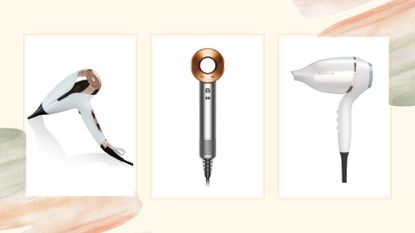 A collage of some of the best hair dryers featured in this guide from ghd, Dyson, and Remington