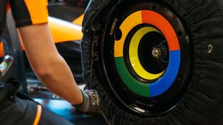A close up of a tyre with the Google livery on it