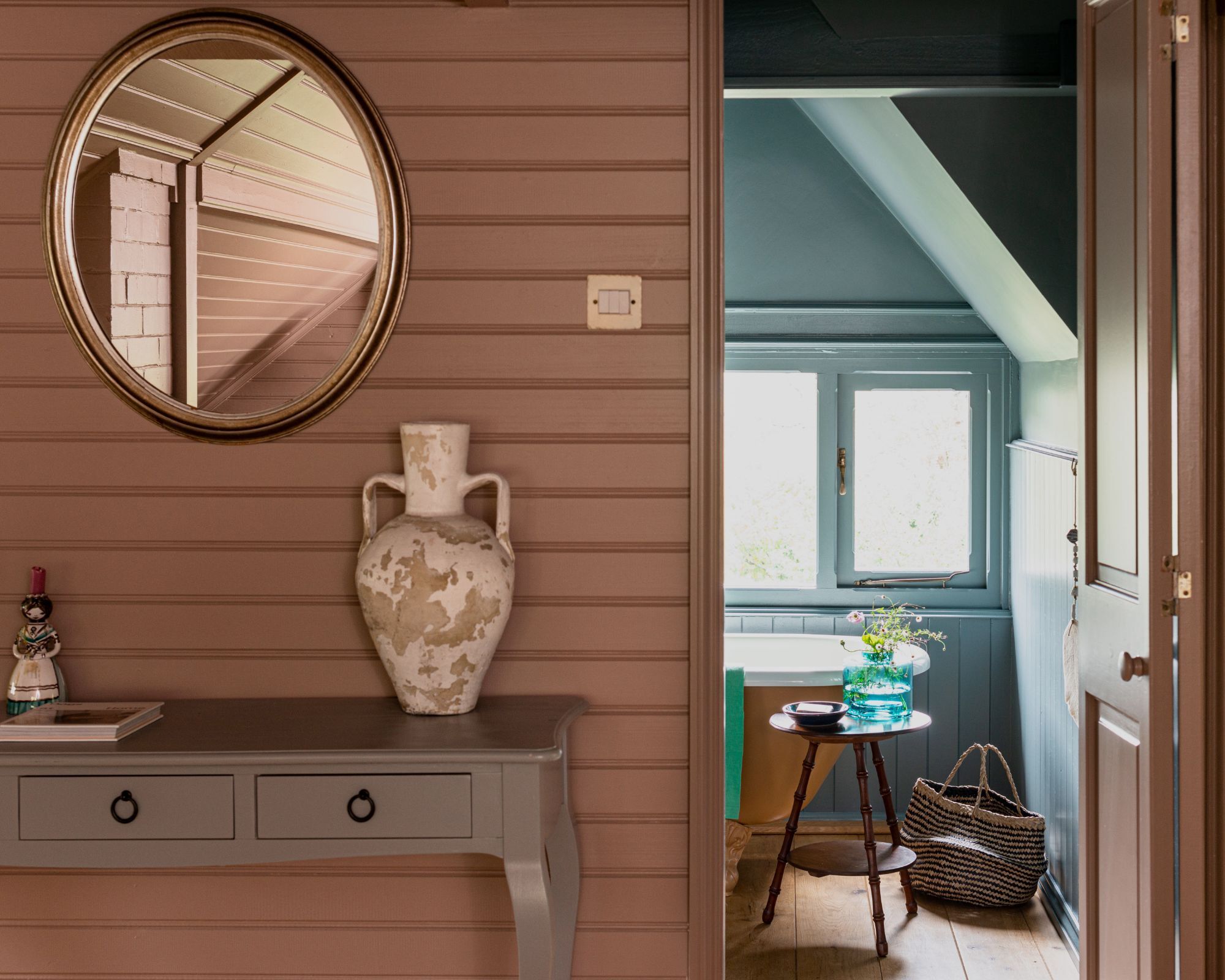 Panelled walls painted in Dead Salmon by Farrow & Ball