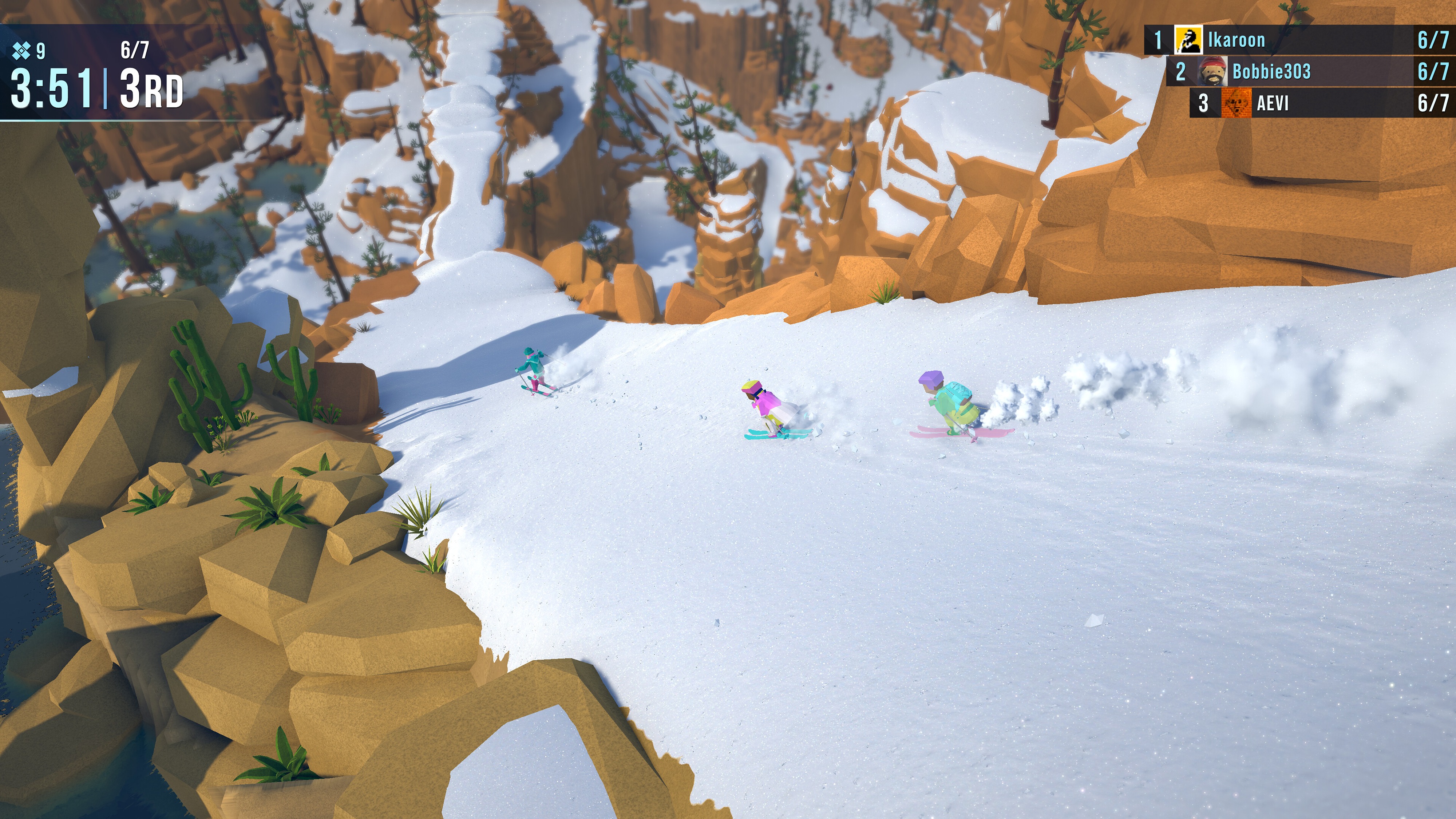 In-game screenshot players racing down a mountain in Lonely Mountains: Snow Riders
