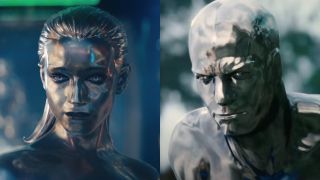 Shalla-Bal (Julia Garner) addresses the world in The Fantastic Four: First Steps, while Norrin Radd (Doug Jones) speaks with Sue Storm in Rise of the Silver Surfer
