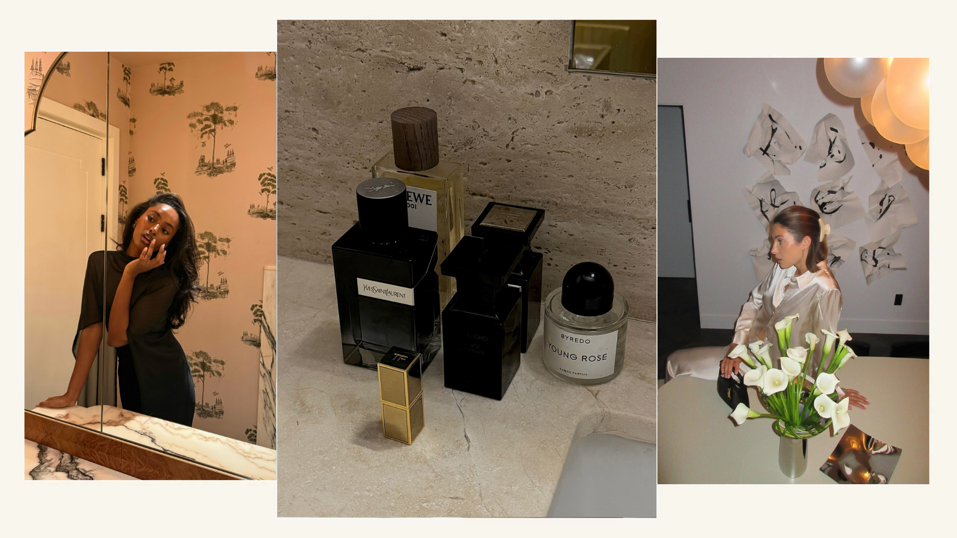 Photo collage of two women during a night out and fragrances on a bathroom sink