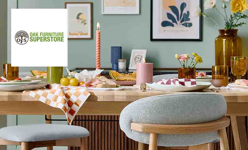 Oak Furniture Super Store logo placed over an image of a dinning table with summer decorations