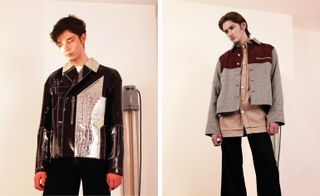 Left, a male model wearing a black leather jacket with a white pattern on it. Right, a male model wearing a short brown jacket with red shoulders, a brown silver button shirt and black pants.