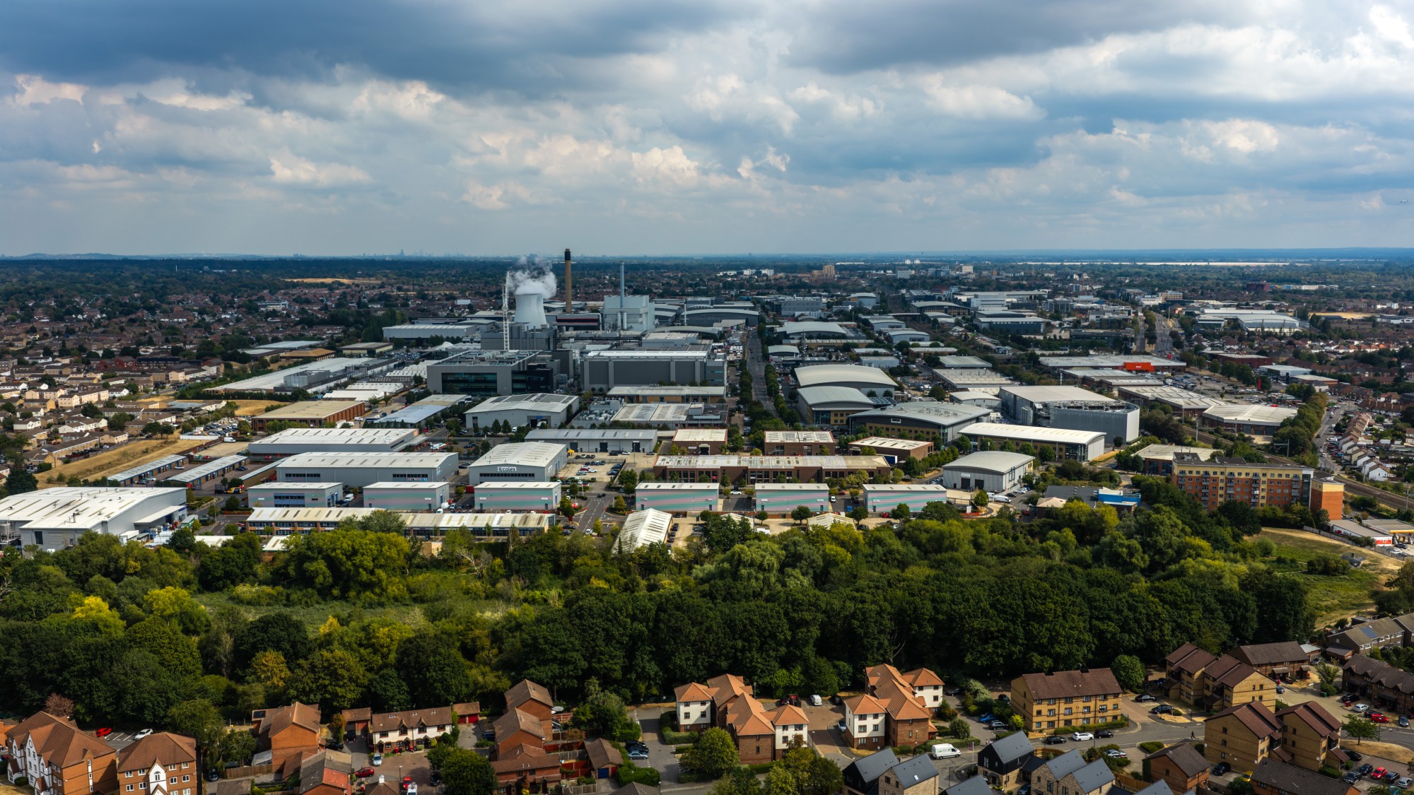 An aerial view of an industrial estate housing a large number of data centres in Slough