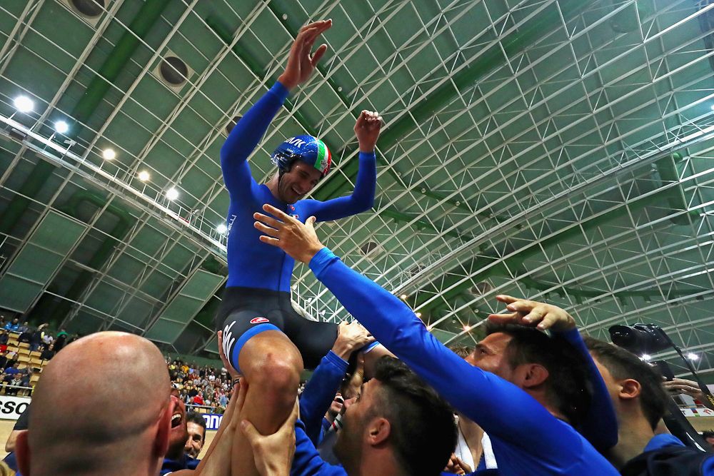 Filippo Ganna of Italy celebrates winng the gold medal in the Men's individual pursuit final on day three of the UCI Track Cycling World Championships