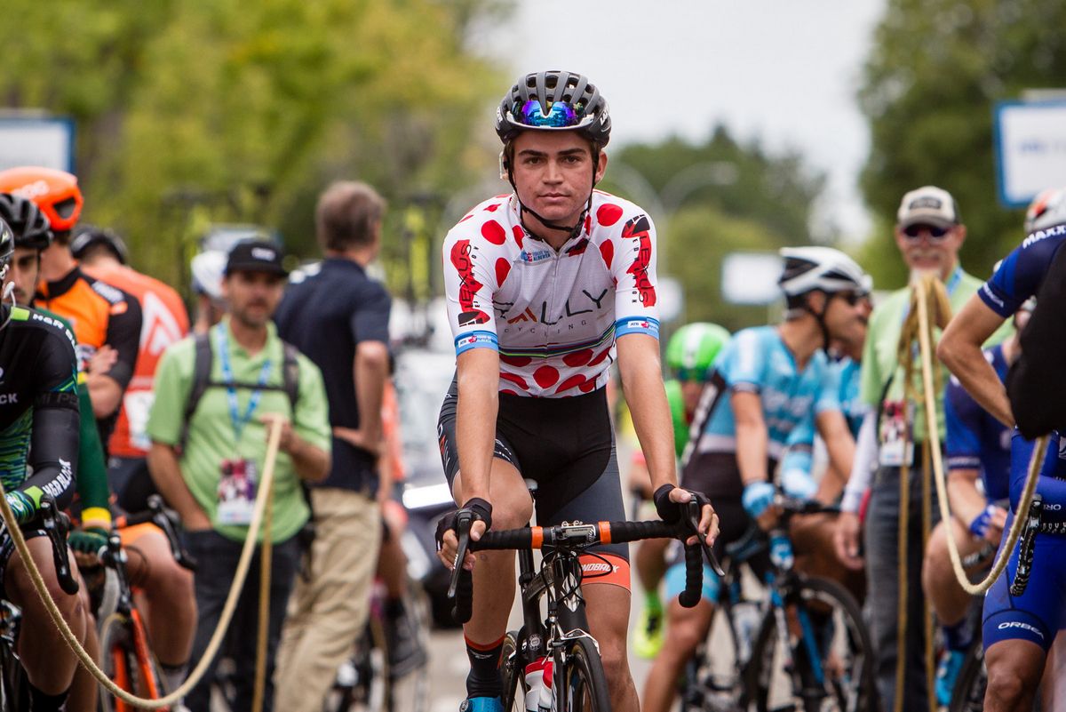 Sepp Kuss (Rally) rolls the start line on the KOM jersey