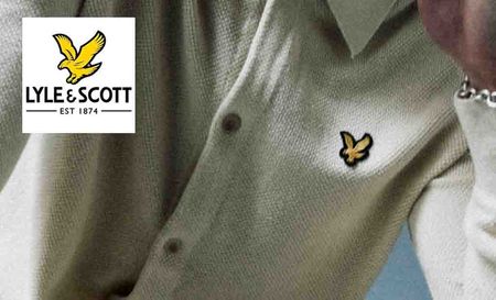 Lyle and Scott logo placed top left corner with a close up shot of the Lyle and Scott logo on a cashmere button shirt