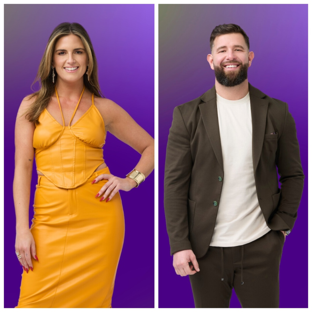 a split image of michaella wearing an orange leather dress and rob wearing a brown suit and white t-shirt in promotional shots for love is blind season 11