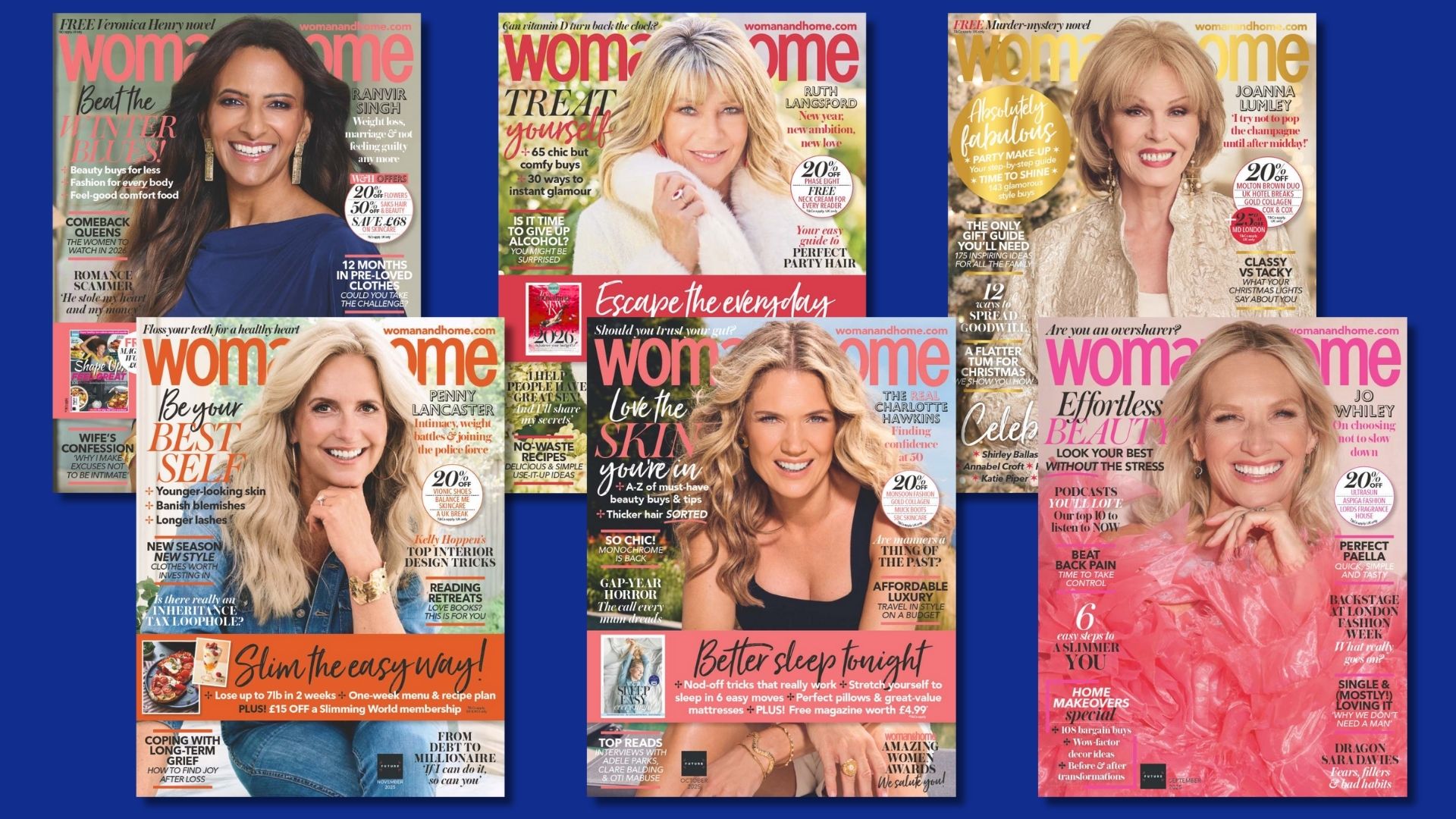 woman&amp;home magazine covers for the Jan 2026-Aug 2025 issues, featuring Ranvir Singh, Ruth Langsford, Joanna Lumley, Penny Lancaster, Charlotte Hawkins, and Jo Whiley