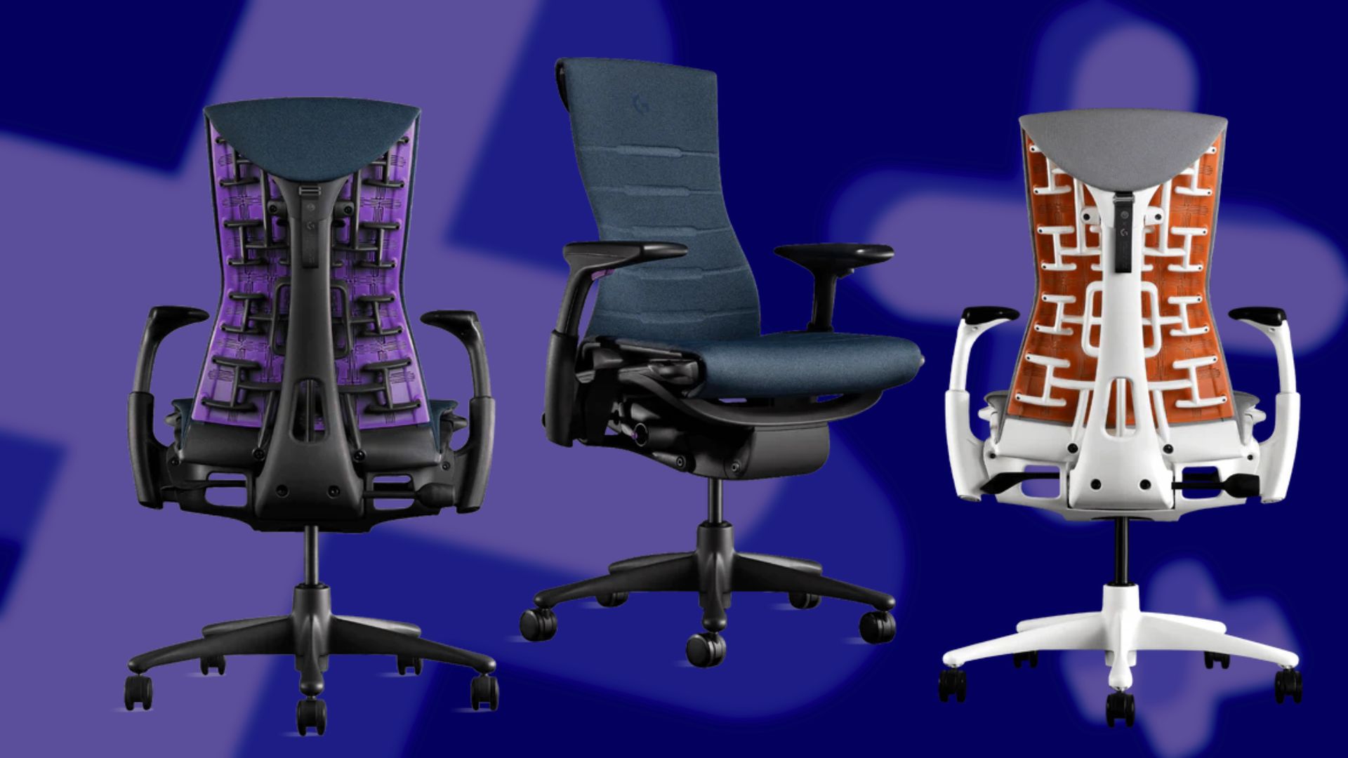 The nova and Ignite versions of the Herman Miller Embody on a deep blue background