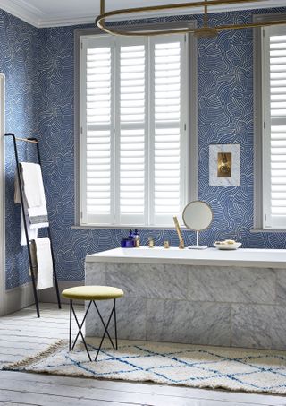 eclectic blue and white bathroom