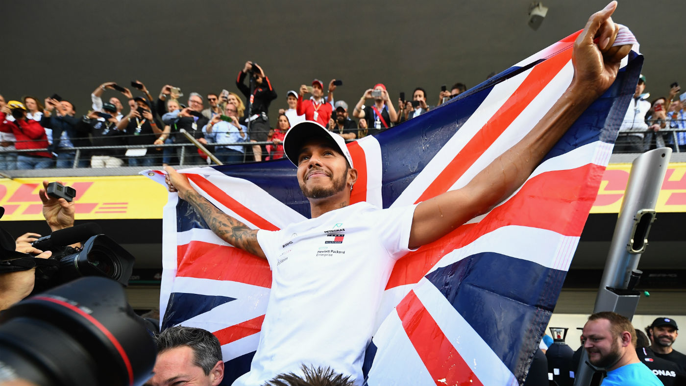 Lewis Hamilton celebrates his 2018 F1 title win at the Mexican GP on 28 October