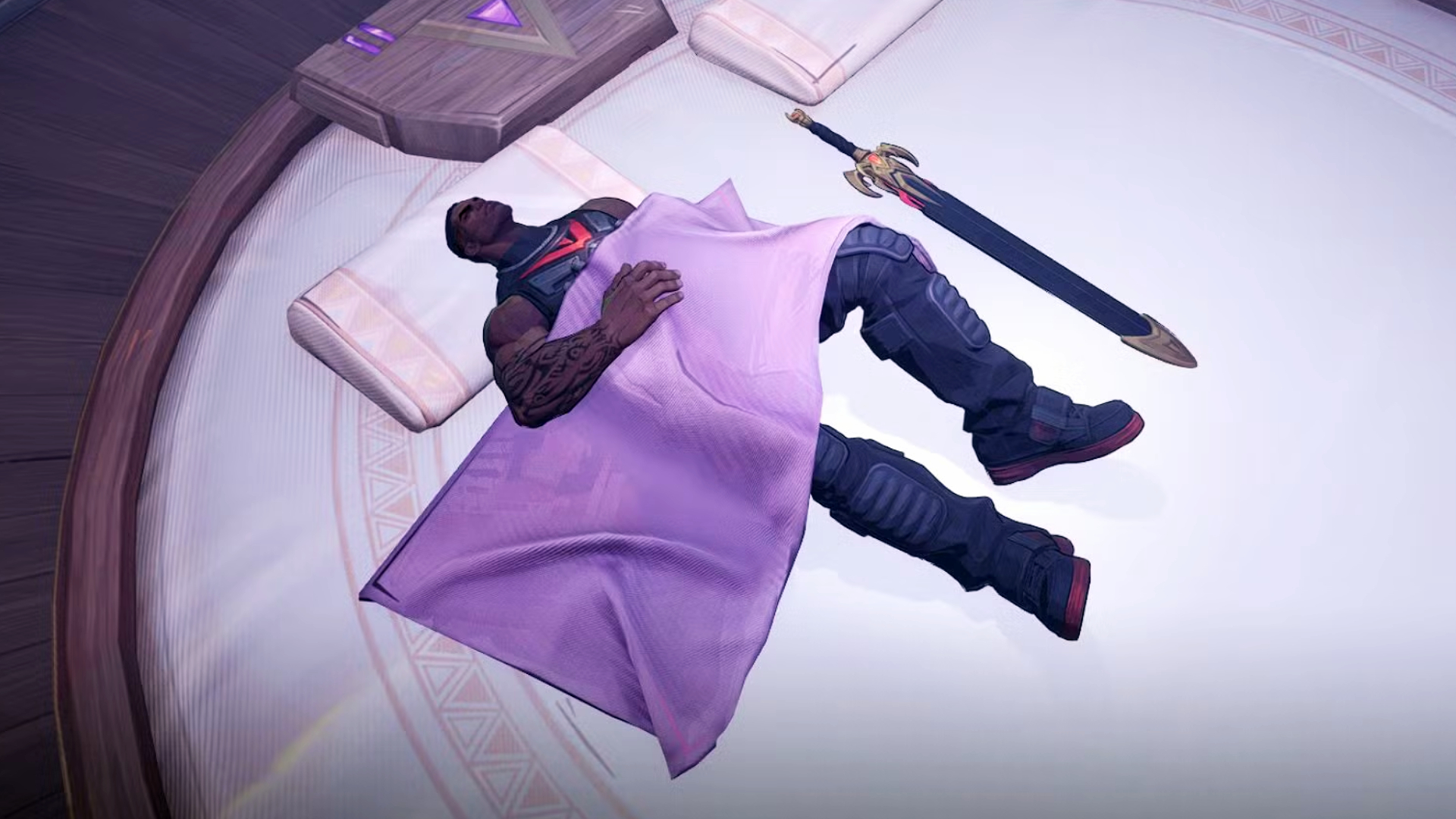 Marvel Rivals Season 3: Blade asleep under a purple blanket with his sword next to him.