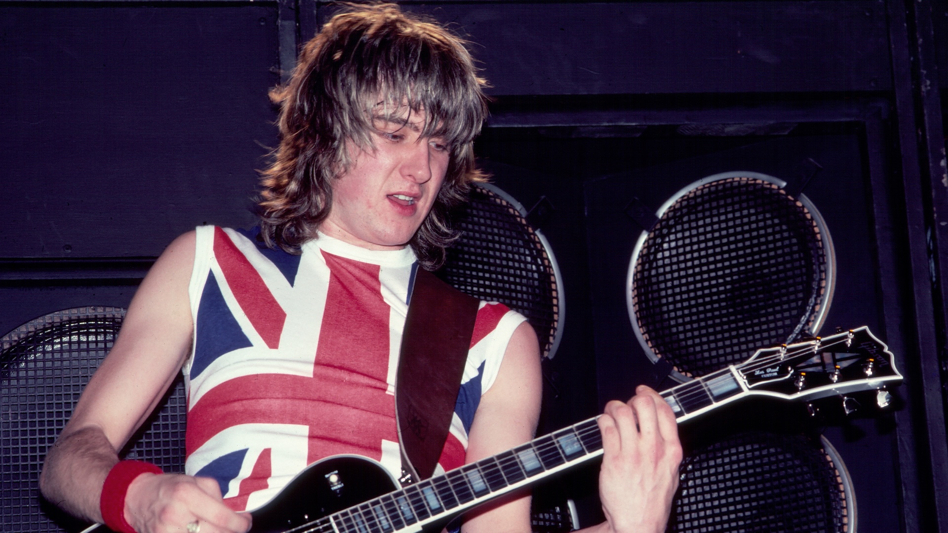 Joe Elliott during the 'Pyromania' tour, onstage at Nassau Coliseum (later Nassau Veterans Coliseum), Uniondale, New York, March 25, 1983.