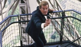 Roger Moore A View To A Kill aiming on the Eiffel Tower