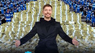 MrBeast posing in front of a stack of cashing, promoting Beast Games season 2