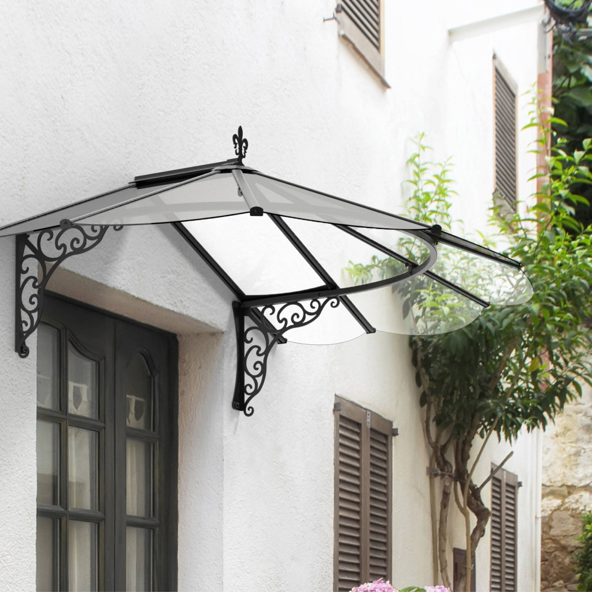 plastic and steel porch canopy on white rendered house