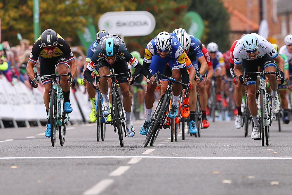 The sprinters approach the line near the finish of stage 4 at the Tour of Britain