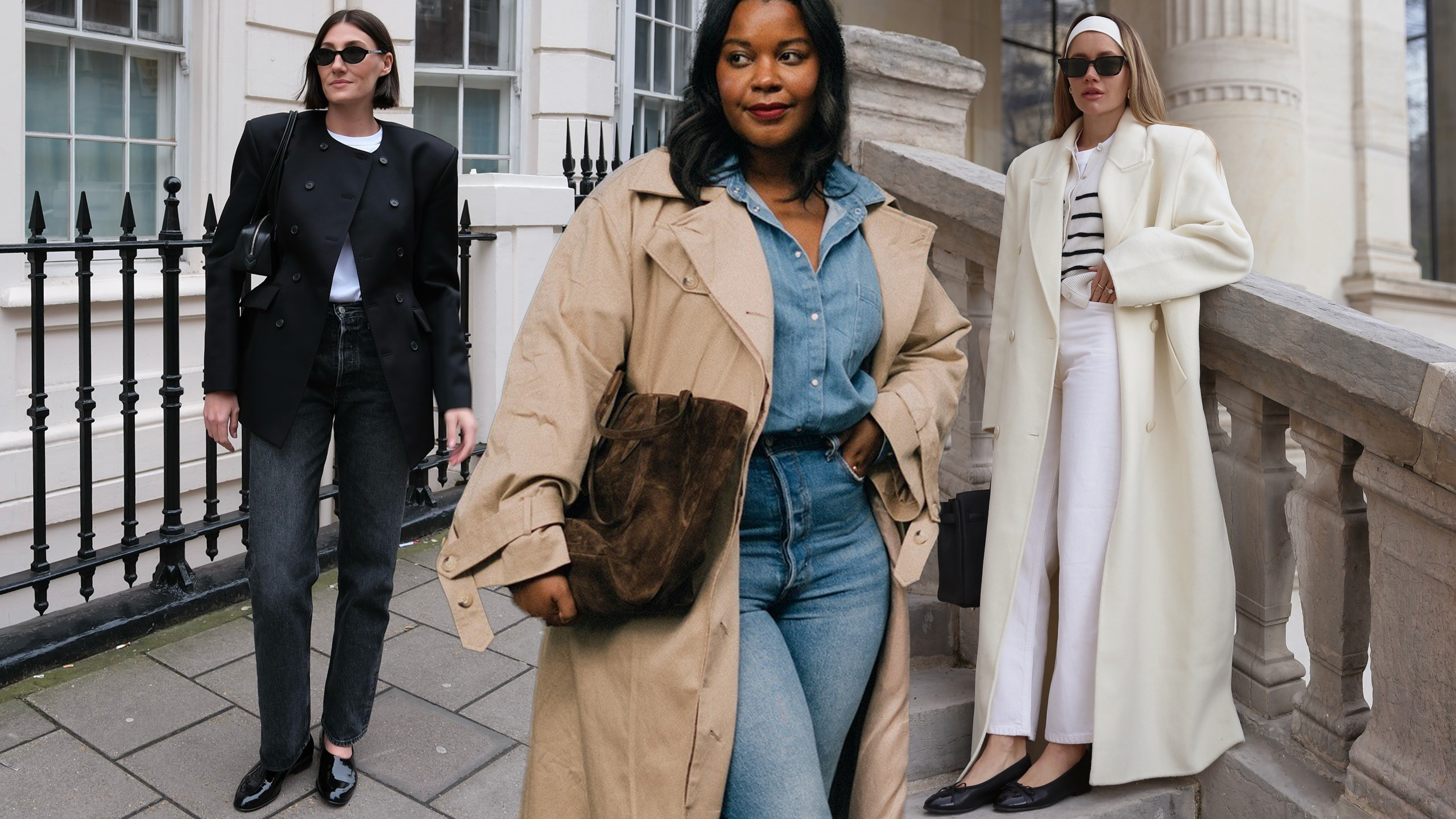 How to wear skinny jeans is shown in a collage of women&#039;s skinny jean outfits. Specifically, on the left, a woman stands outside wearing a black blazer over a white t-shirt with black skinny jeans and black ballet flats. In the middle, a woman wears a tan trench coat over a denim button-down shirt with matching skinny jeans and a brown suede bag and boots. On the right, a woman stands on a staircase wearing a long white coat over a white stripped cardigan with white skinny jeans and black ballet flats 