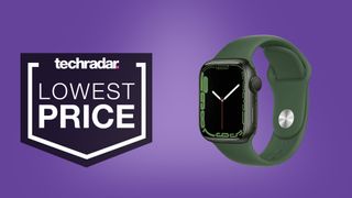 Green Apple Watch 7 on purple background next to words "lowest price" and TechRadar logo