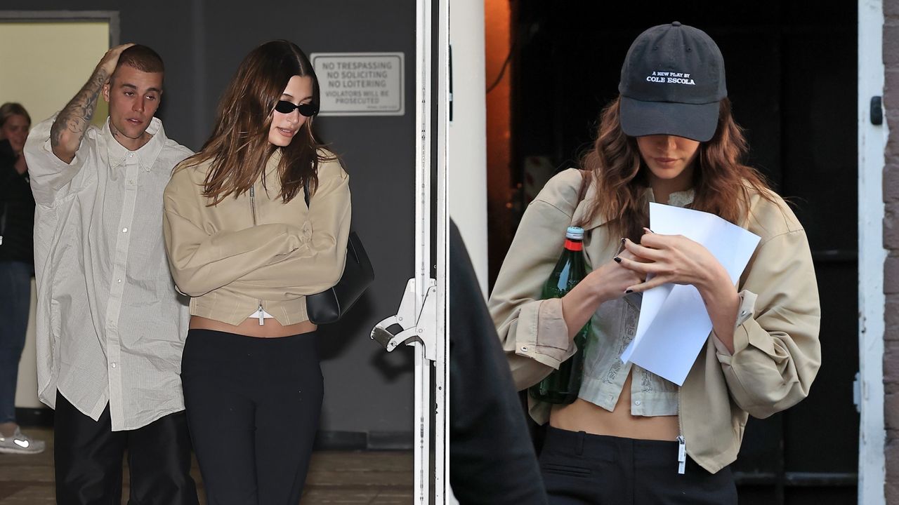 a split image of Hailey Bieber and Kaia Gerber both wearing the same spring work jacket by With Jean