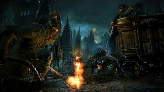 Werewolves swarm a carriage in Bloodborne as a Hunter looks on with a flaming torch