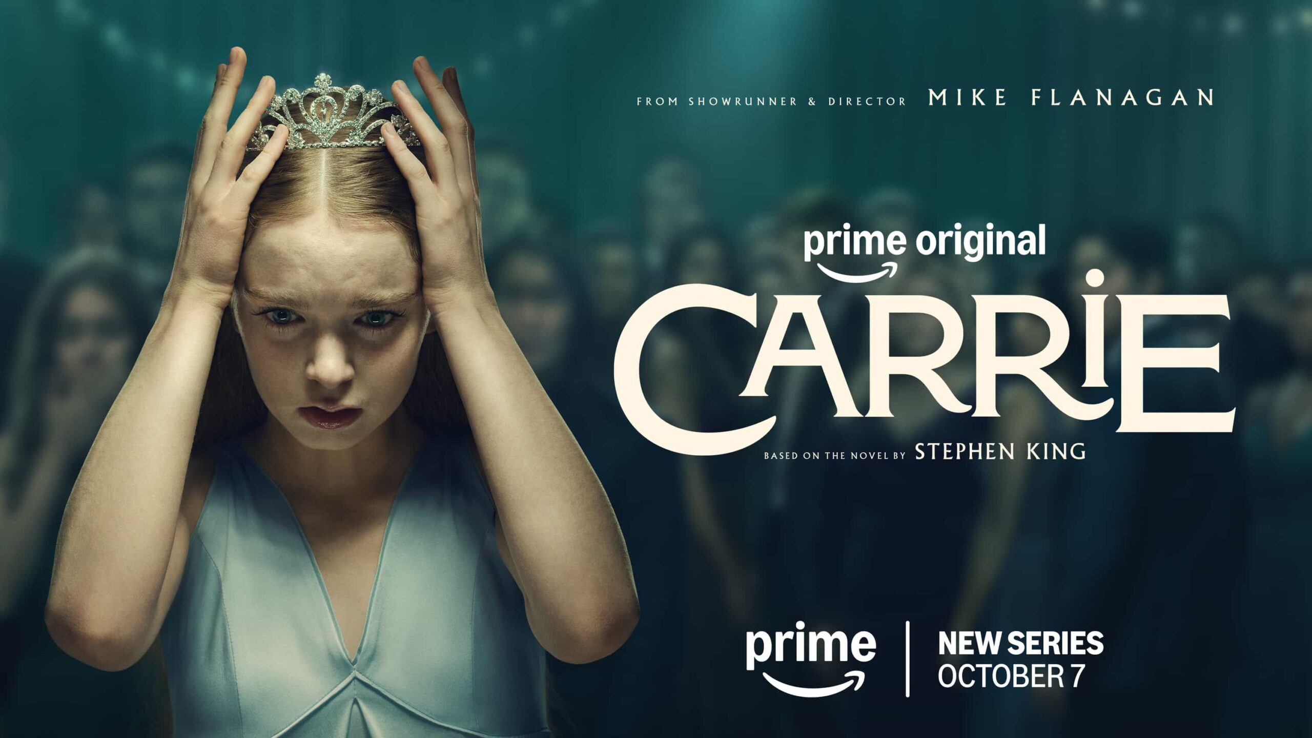 Summer H. Howell as Carrie on poster. Text reads "prime original Carrie. based on the novel by Stephen King"