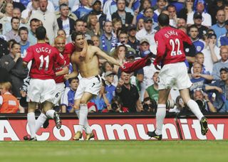 Cristiano Ronaldo celebrates with his shirt off after scoring for Manchester United against Millwall in the 2004 FA Cup final.