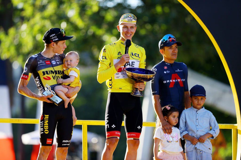 Tadej Pogacar (UAE Team Emirates) on the podium at the 2021 Tour de France