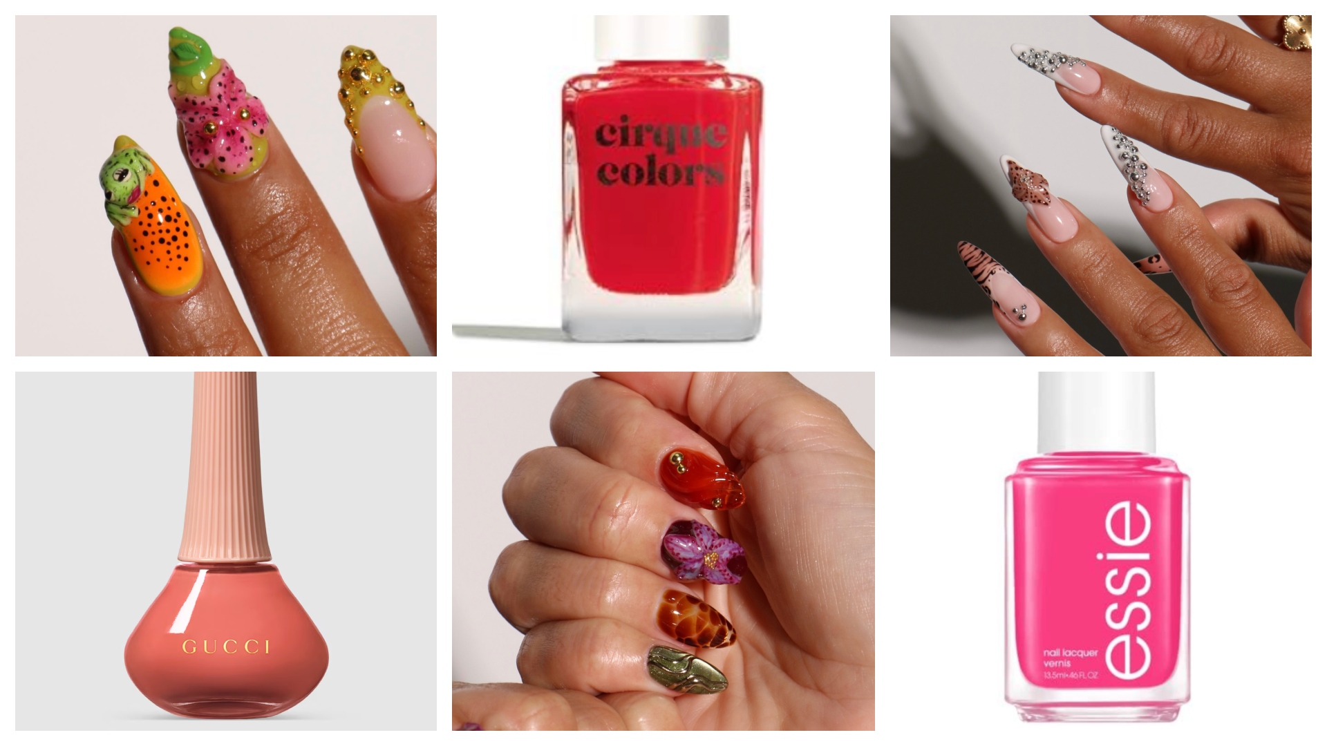 collage of floral nail ideas and polish colors
