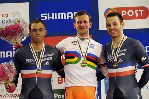 Michael d'Almeida, Teun Mulder and Francois Pervis on the men's kilo podium
