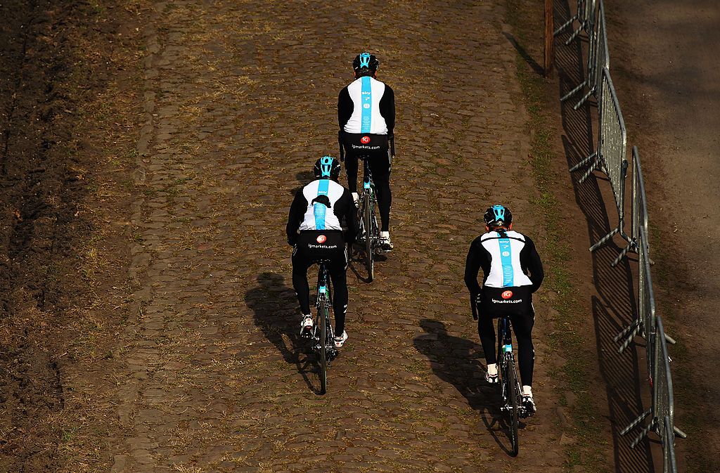 during training for the 2012 Paris - Roubaix Cycle Race on April 6, 2012 in Roubaix, France.