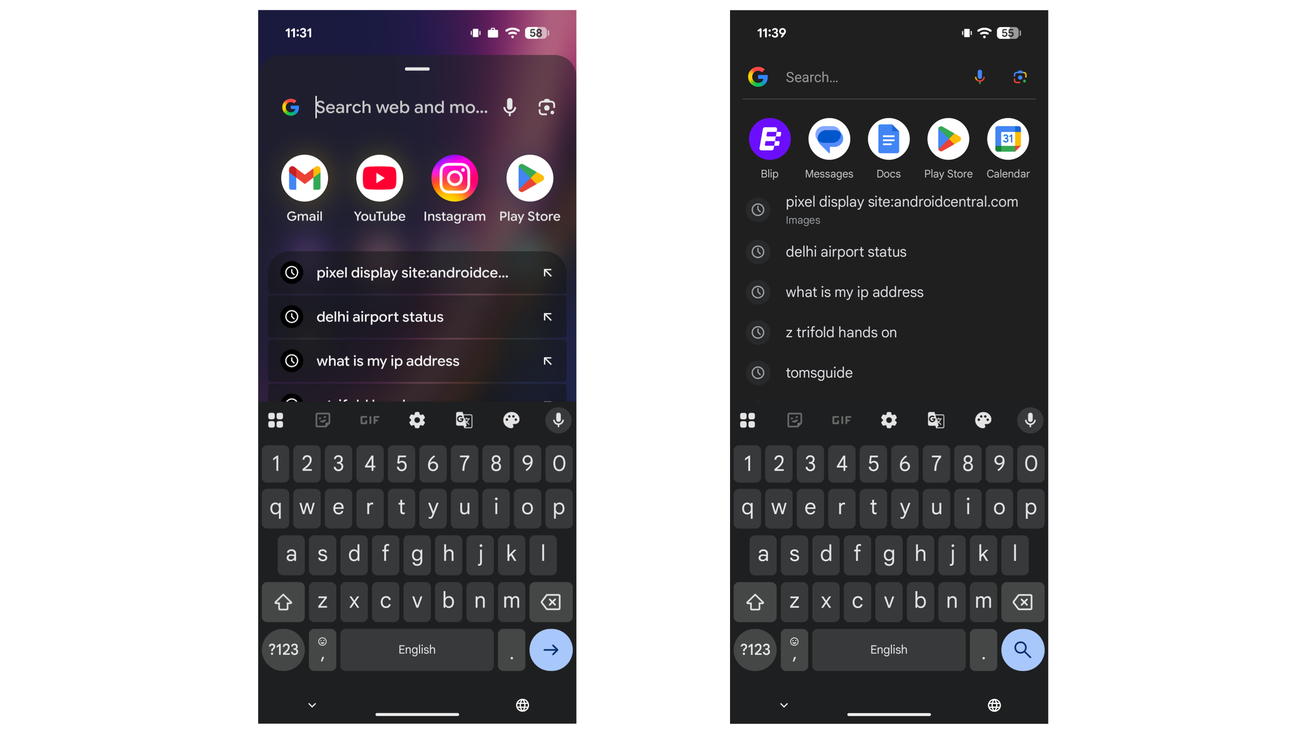 Old vs. New Pixel Launcher search UI