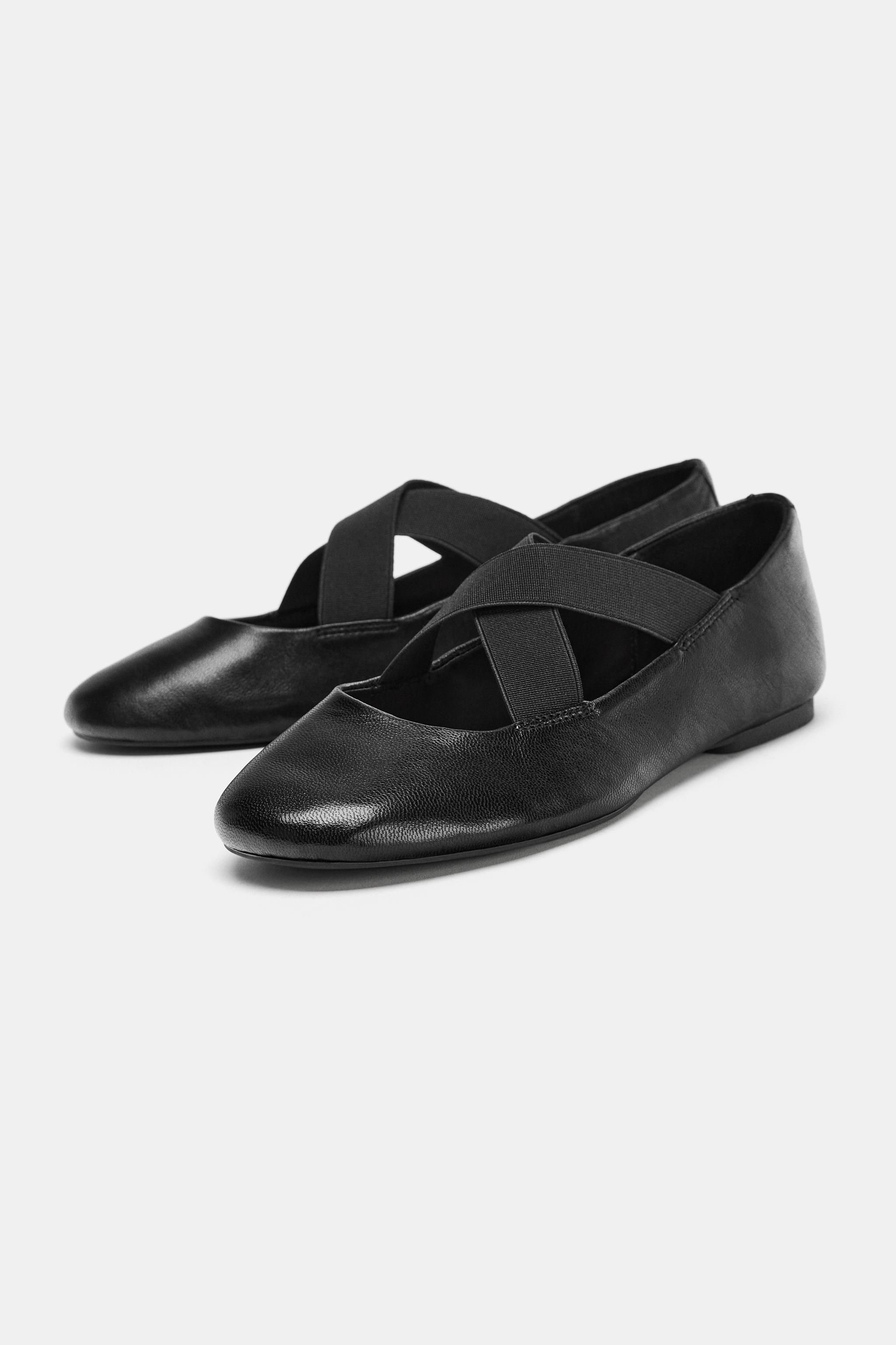 Leather Ballet Flats With Crossed Elastic Straps