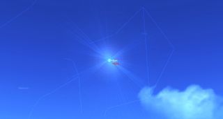 a blue sky shows a small mars near the sun
