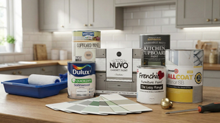 The best kitchen cabinet paints on a worktop with paint colour chart and roller brush