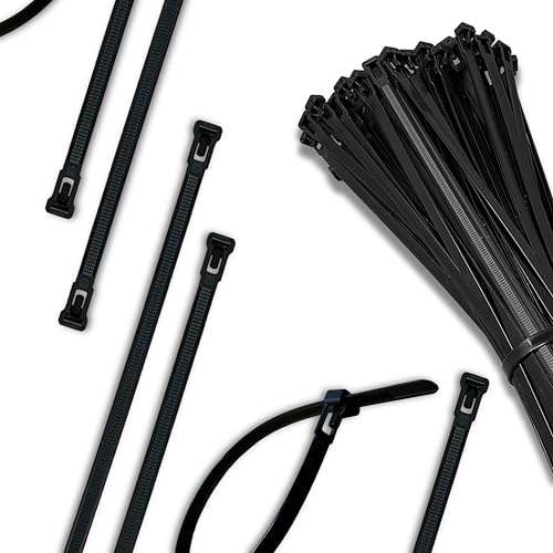 Evoges 7.6x300mm Black Reusable Releasable Cable Ties, 100% Nylon 66, 22kg Tensile Strength (pack 50)