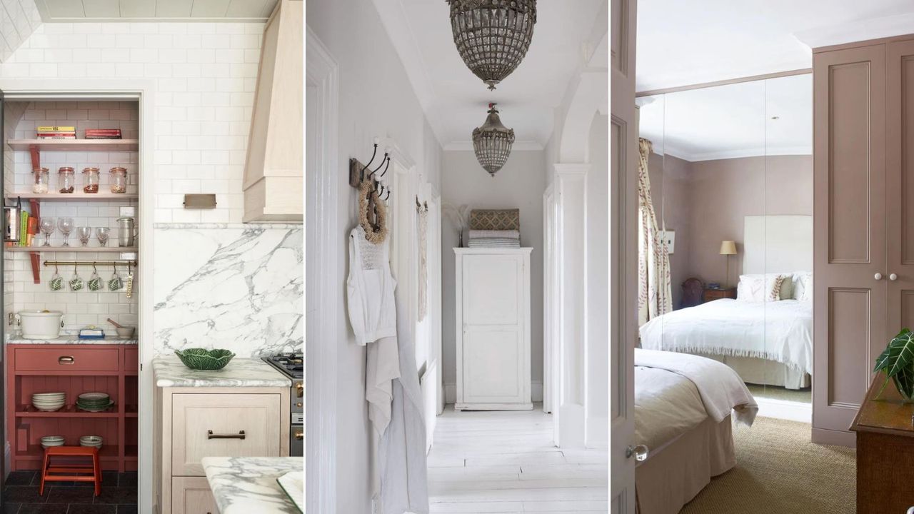 Three images of clean rooms, including a kitchen, a bright hallway and a bedroom