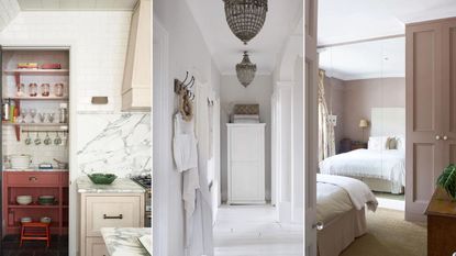 Three images of clean rooms, including a kitchen, a bright hallway and a bedroom
