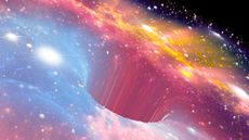 An illustration of a rainbow-colored cloud of gas in space getting sucked into a funnel-like opening