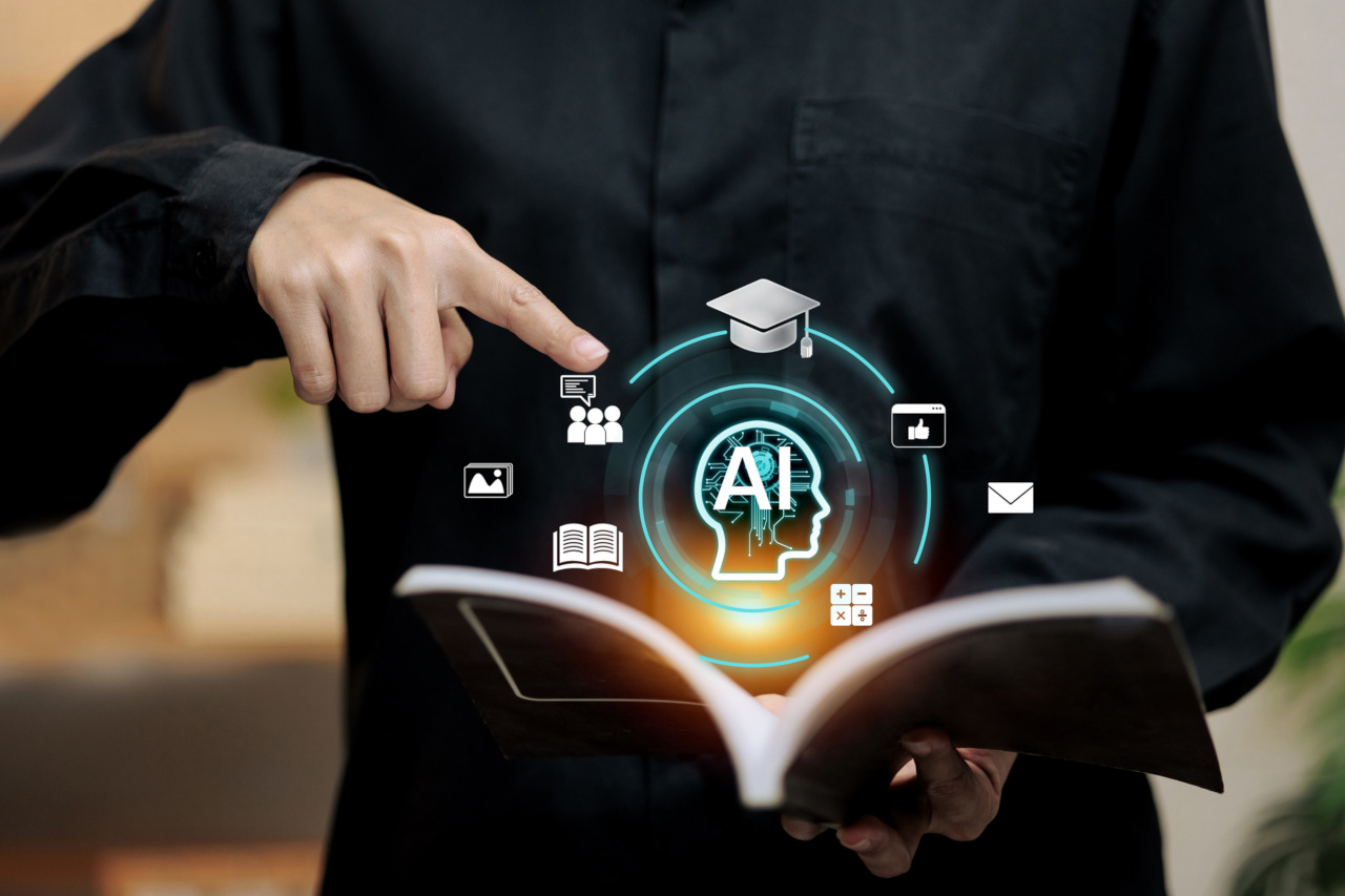 Person interacting with AI learning system using digital book and education icons on virtual interface.