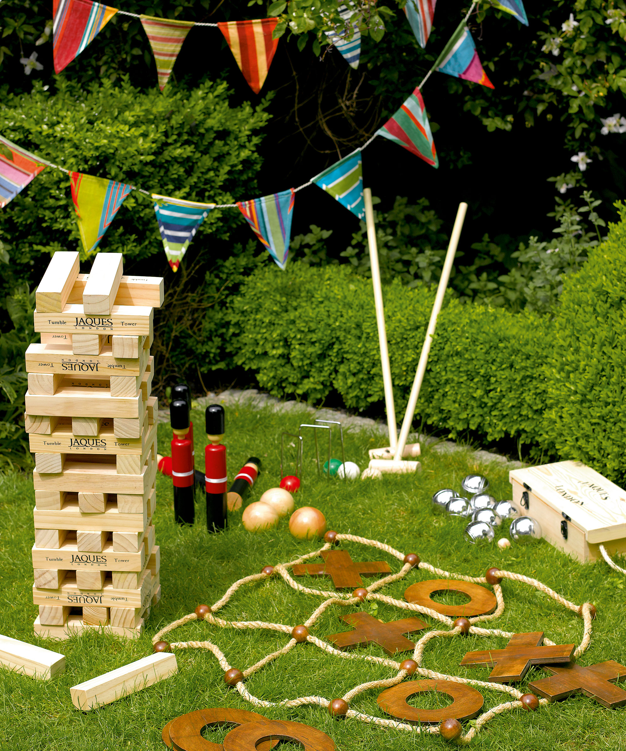 Outdoor games. building blocks, O's & X's, bowls, crochet with soldier pins, colourful bunting