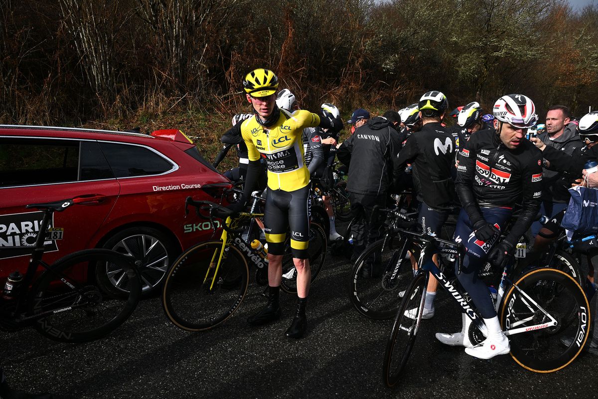 Race leader Matteo Jorgenson during the race stoppage
