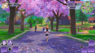 A screenshot of Rune Factory 5 on Nintendo Switch, showing the player walking along a sunlit path surrounded by cherry blossom trees